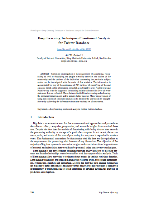 Deep Learning Technique of Sentiment Analysis for Twitter Database