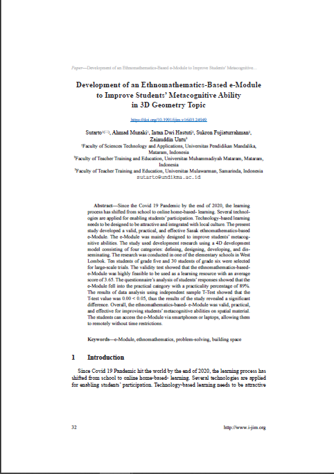 Development of an Ethnomathematics-Based e-Module  to Improve Students’ Metacognitive Ability  in 3D Geometry Topic