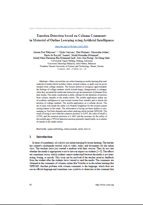Emotion Detection based on Column Comments in Material of Online Learning using Artificial Intelligence