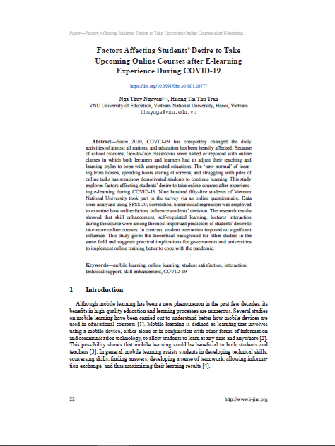 Factors Affecting Students’ Desire to Take Upcoming Online Courses after E-learning Experience During COVID-19