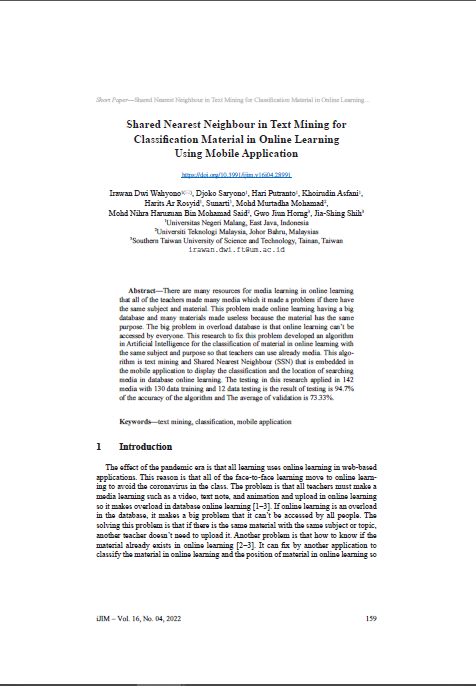 Shared Nearest Neighbour in Text Mining for Classification Material in Online Learning Using Mobile Application